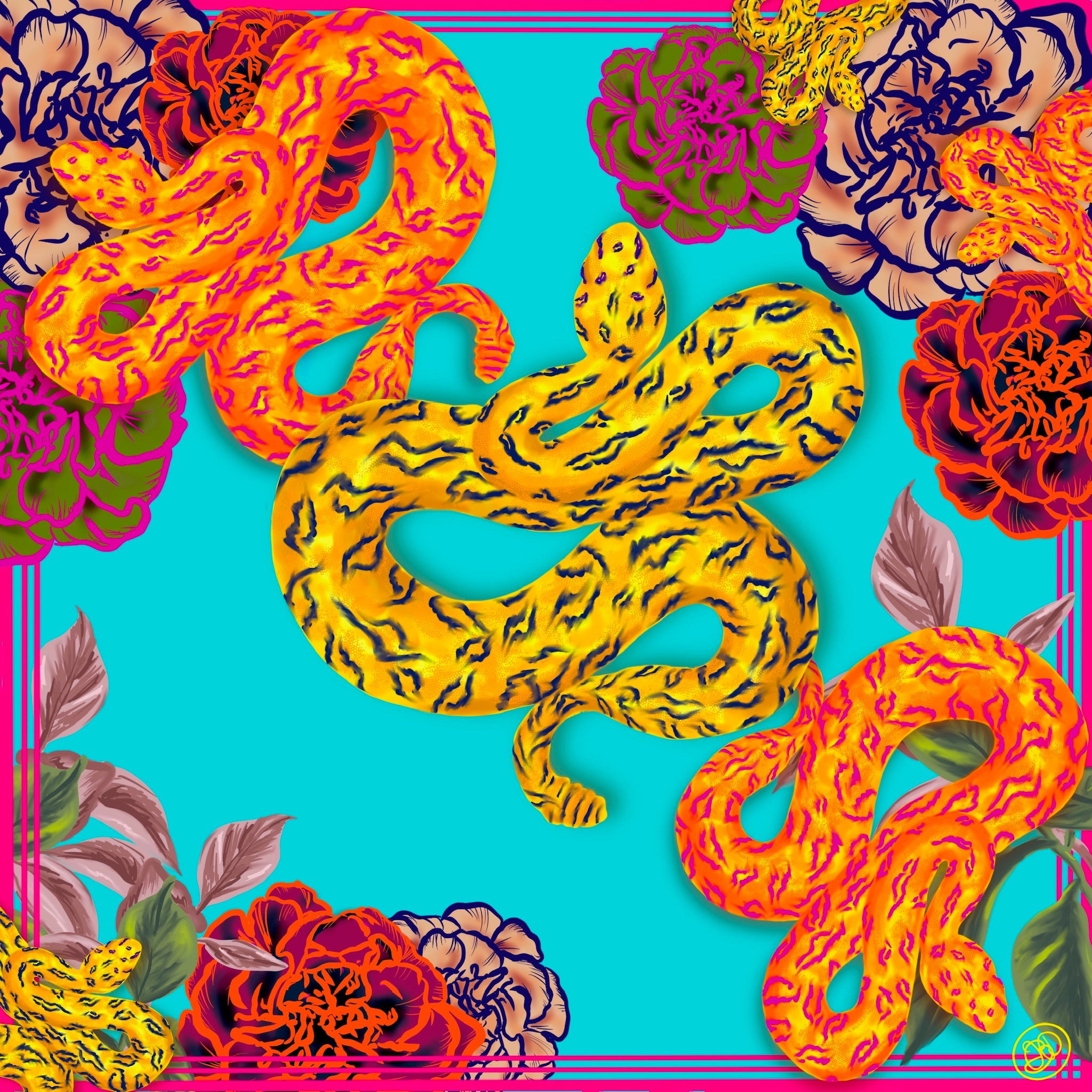 Flower Snake Turquoise Silk Square Scarf