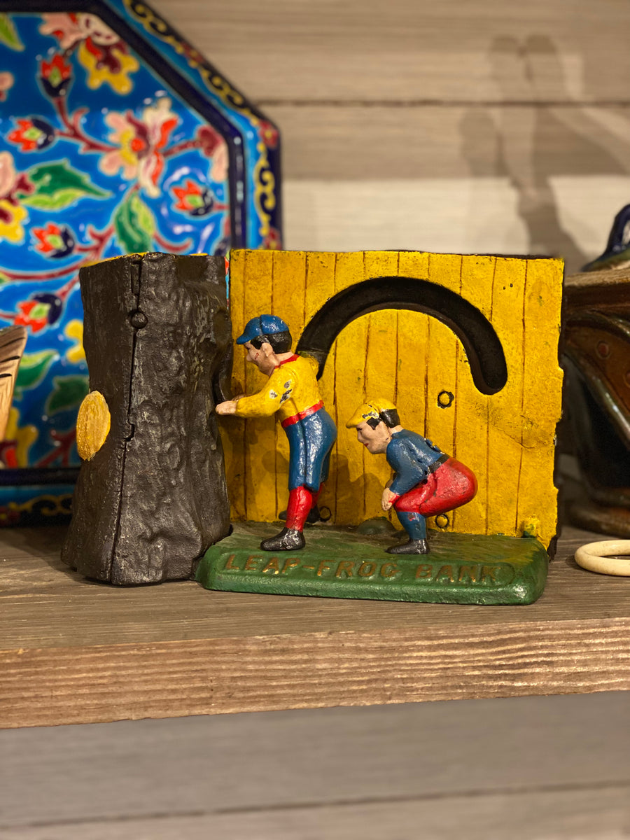Vintage Cast Iron Mechanical Bank Leap Frog