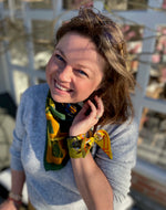 Load image into Gallery viewer, Jardin De Paris Yellow/Olive Silk Twilly Scarf
