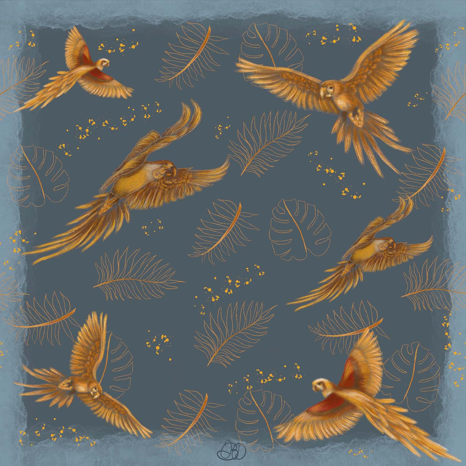 Golden Parrots Grey and Silver Silk Square Scarf