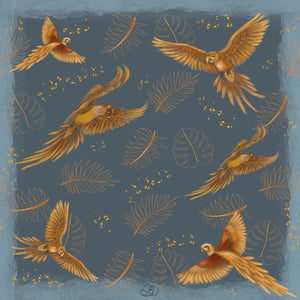 Golden Parrots Grey and Silver Silk Square Scarf