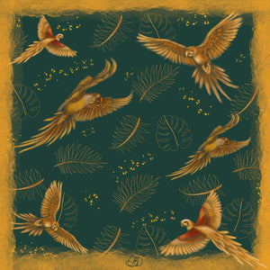 Golden Parrots Green and Gold Silk Square Scarf