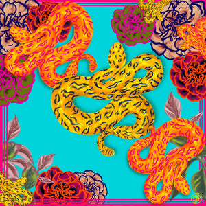 Flower Snake Turquoise Silk Square Scarf