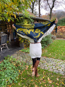 Lace Grace Navy Blue and Mustard Green Silk Square Scarf