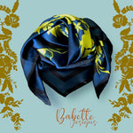 Load image into Gallery viewer, Lace Grace Navy Blue and Mustard Green Silk Square Scarf
