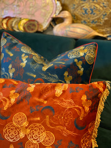 Moon Phase Koi Luxury Velvet Cushion with fringes rust