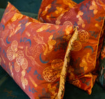 Load image into Gallery viewer, Moon Phase Koi Luxury Velvet Cushion with fringes rust
